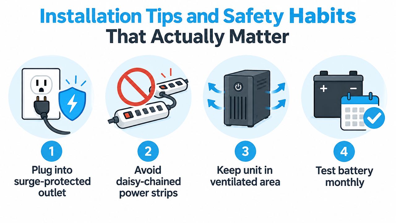 An infographic showing four essential installation and safety tips for power backup units in a home.