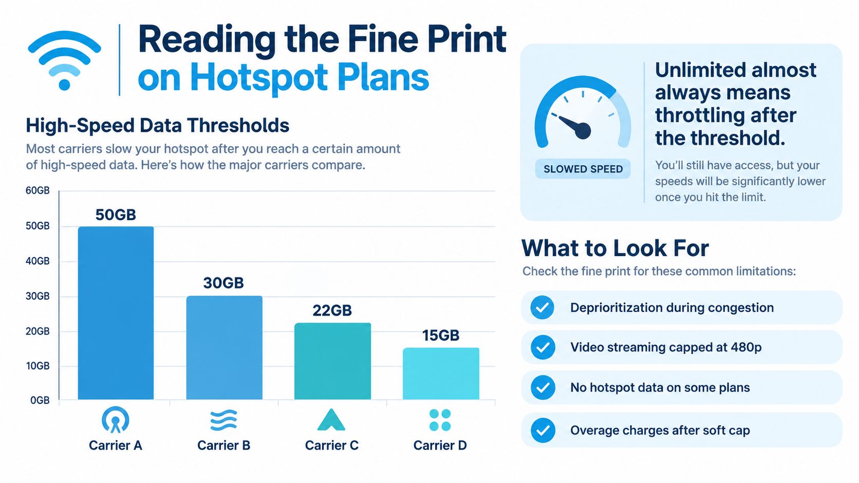 A bar chart comparing high-speed data thresholds for four major mobile hotspot carriers, illustrating typical data caps.