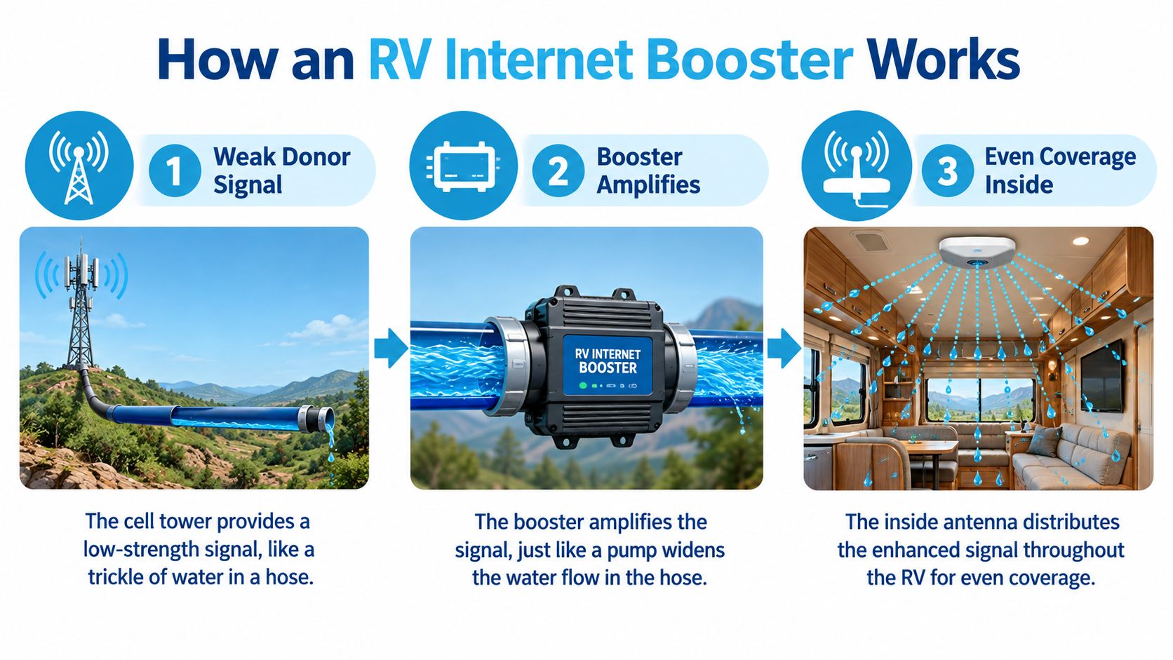 A diagram illustrating how an RV internet booster works using a water hose analogy to explain signal amplification.