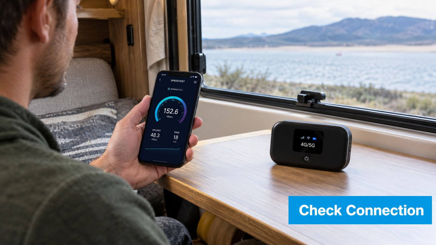 A person inside a recreational vehicle uses a smartphone to test internet speeds from a portable 5G router.