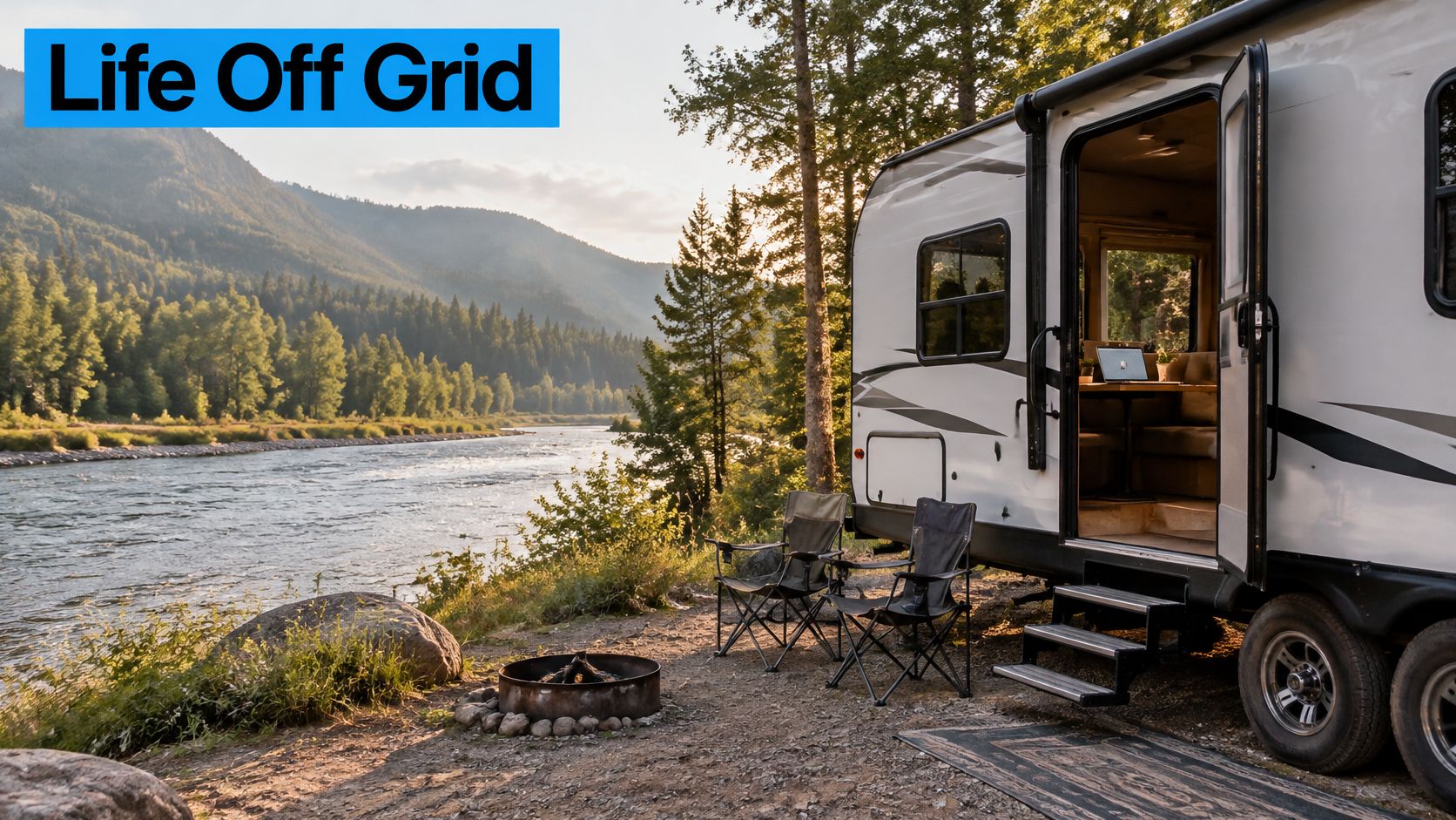 A modern recreational vehicle parked by a scenic river surrounded by trees during sunset.