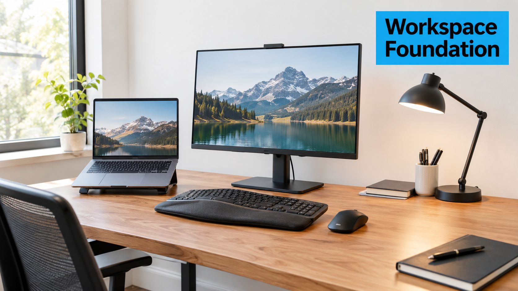 A modern remote work setup with a laptop, monitor, keyboard, mouse, and desk lamp on a wooden desk.