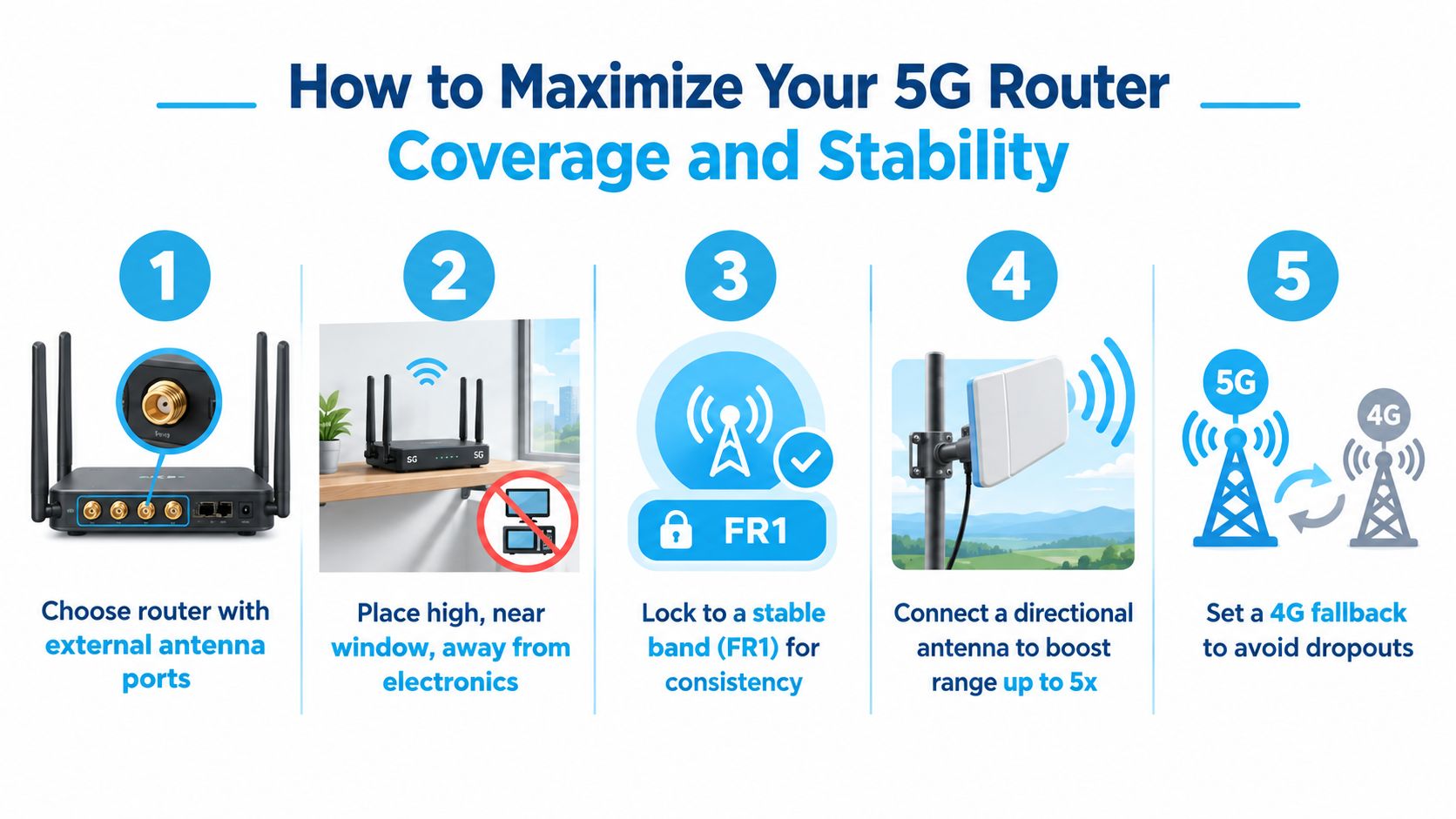 A five-step guide on how to maximize 5G router signal coverage and internet connection stability.