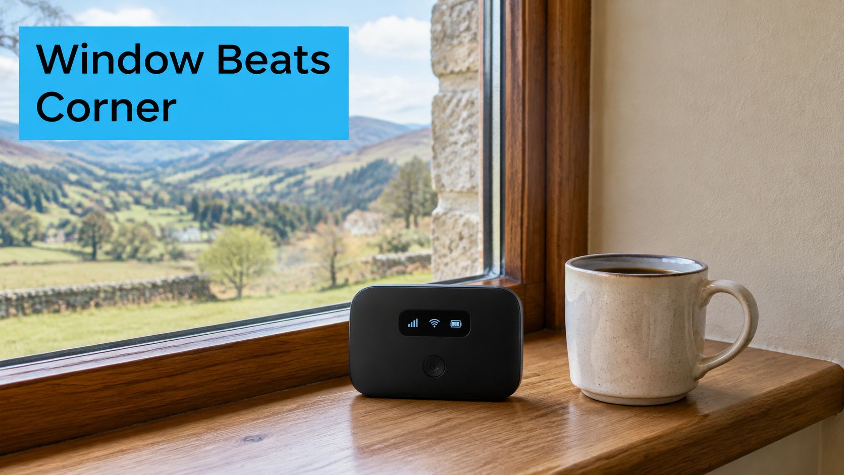 A black portable Wi-Fi hotspot sits on a wooden windowsill next to a mug, overlooking green hills.