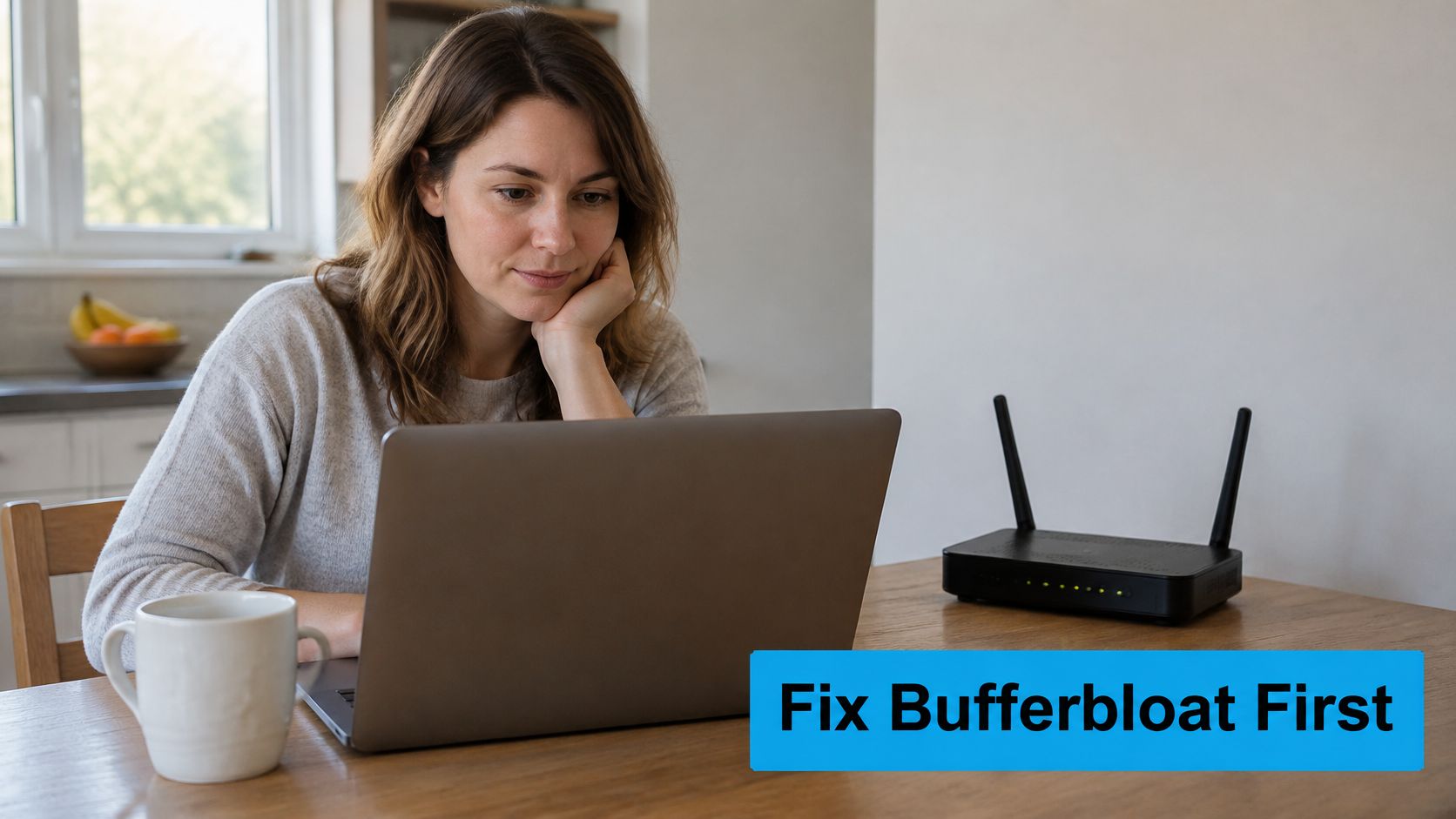 A woman sits at a wooden table working on a laptop near a router for network troubleshooting.