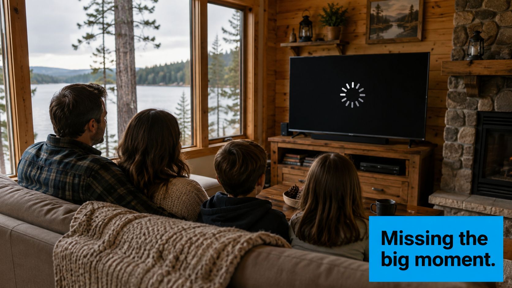 A family of four sits on a couch frustrated by a buffering TV screen in a living room.