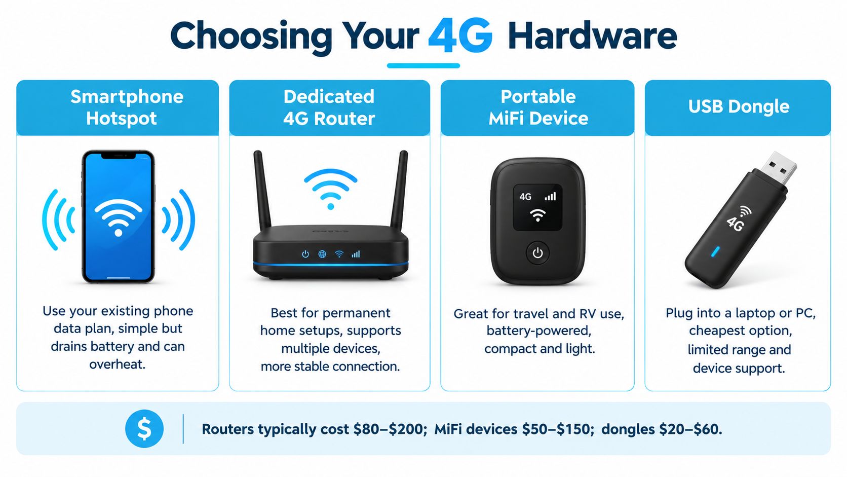 An infographic comparing four types of 4G hardware options for internet connectivity including pros and cons.