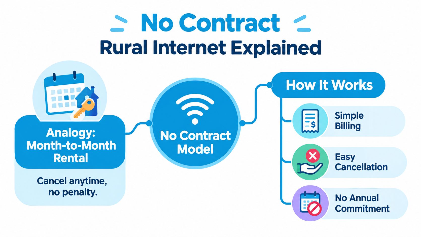 A simple infographic explaining the no contract rural internet model with its benefits and monthly rental analogy.