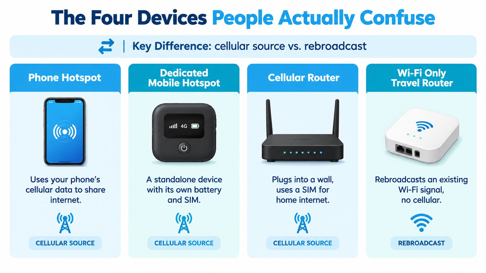 A comparison chart explaining the technical differences between phone hotspots, dedicated mobile hotspots, cellular routers, and travel routers.