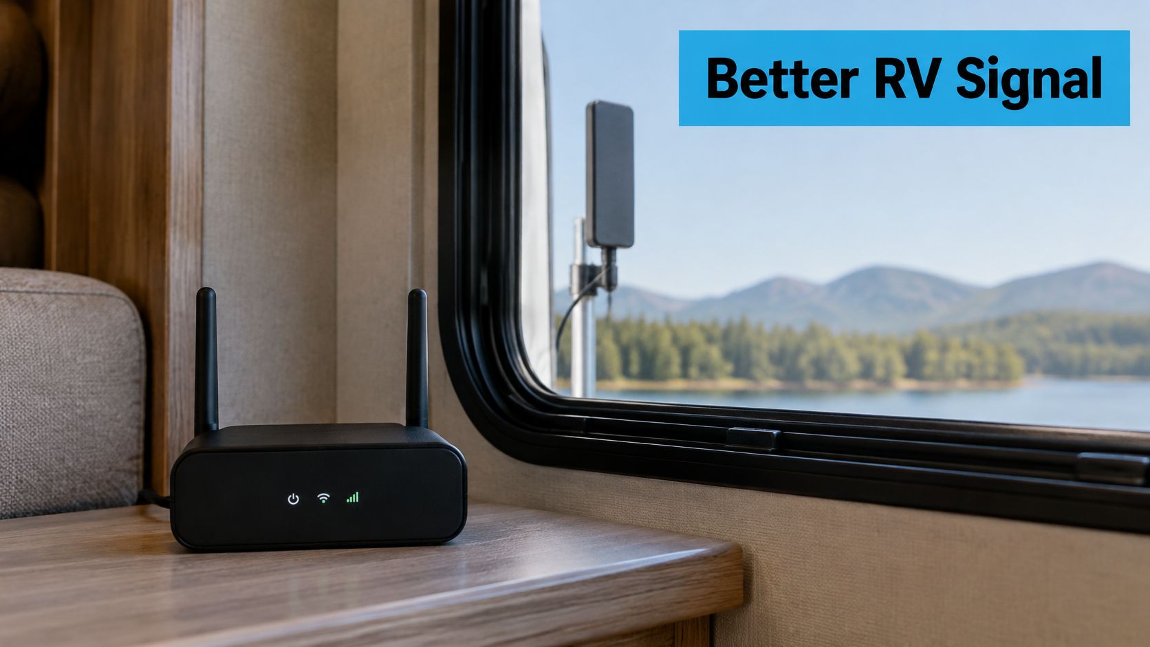 A black wireless router sits on a wooden counter inside an RV next to a window.