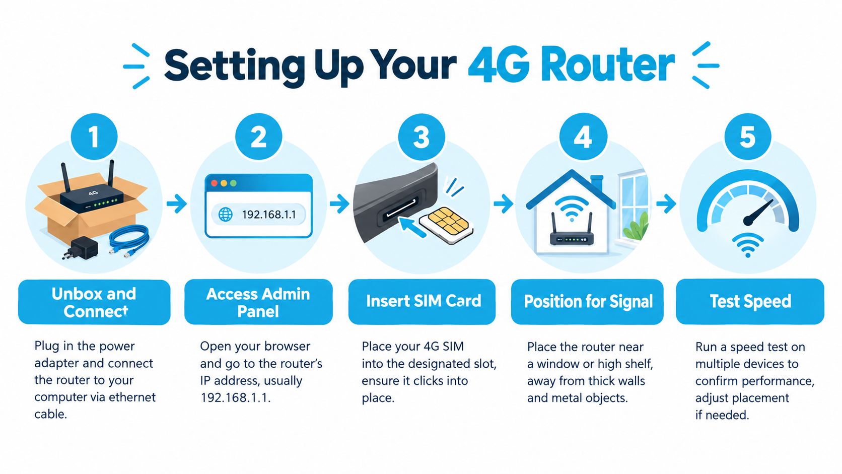 An infographic illustrating five easy steps for setting up a 4G router for home internet access.