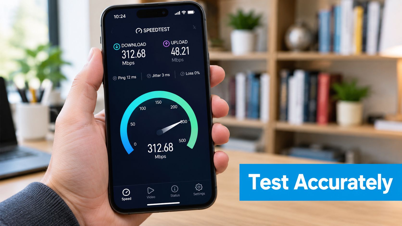 A close-up of a person holding a smartphone displaying an internet speed test app showing 312.68 Mbps.