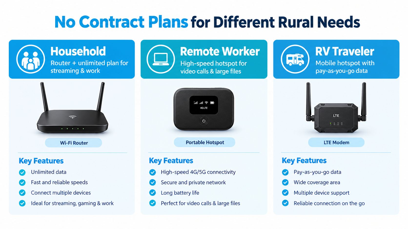 A comparison chart showing three different no-contract rural internet plans for households, remote workers, and travelers.