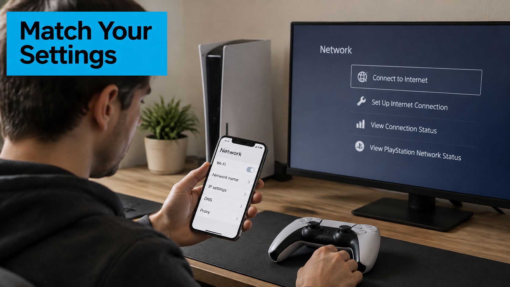 A person setting up network configuration on their phone while viewing a PlayStation console menu screen.