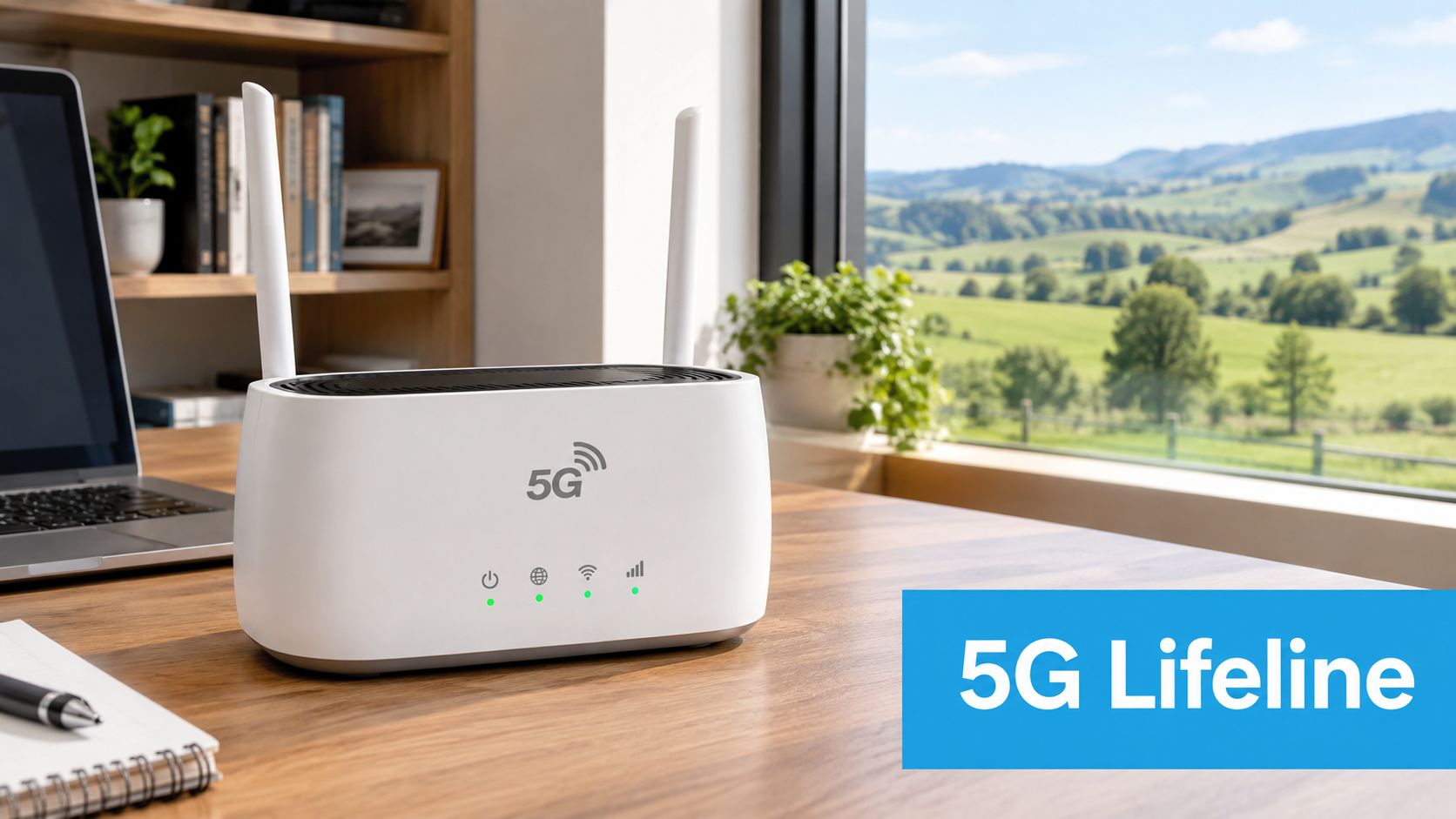 A modern white 5G wireless router sits on a wooden desk next to a laptop and notebook.