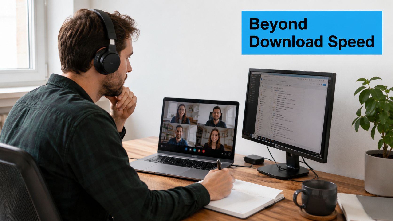 A man wearing headphones works at his desk, participating in a video conference on his laptop.