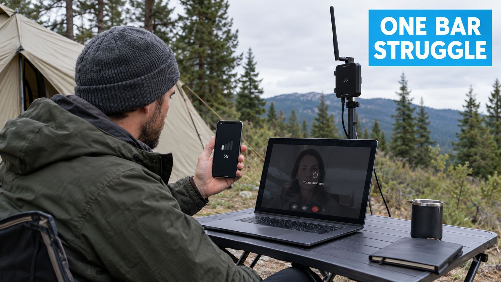 A man camping outdoors struggling with poor connectivity while using a 5G router and laptop.
