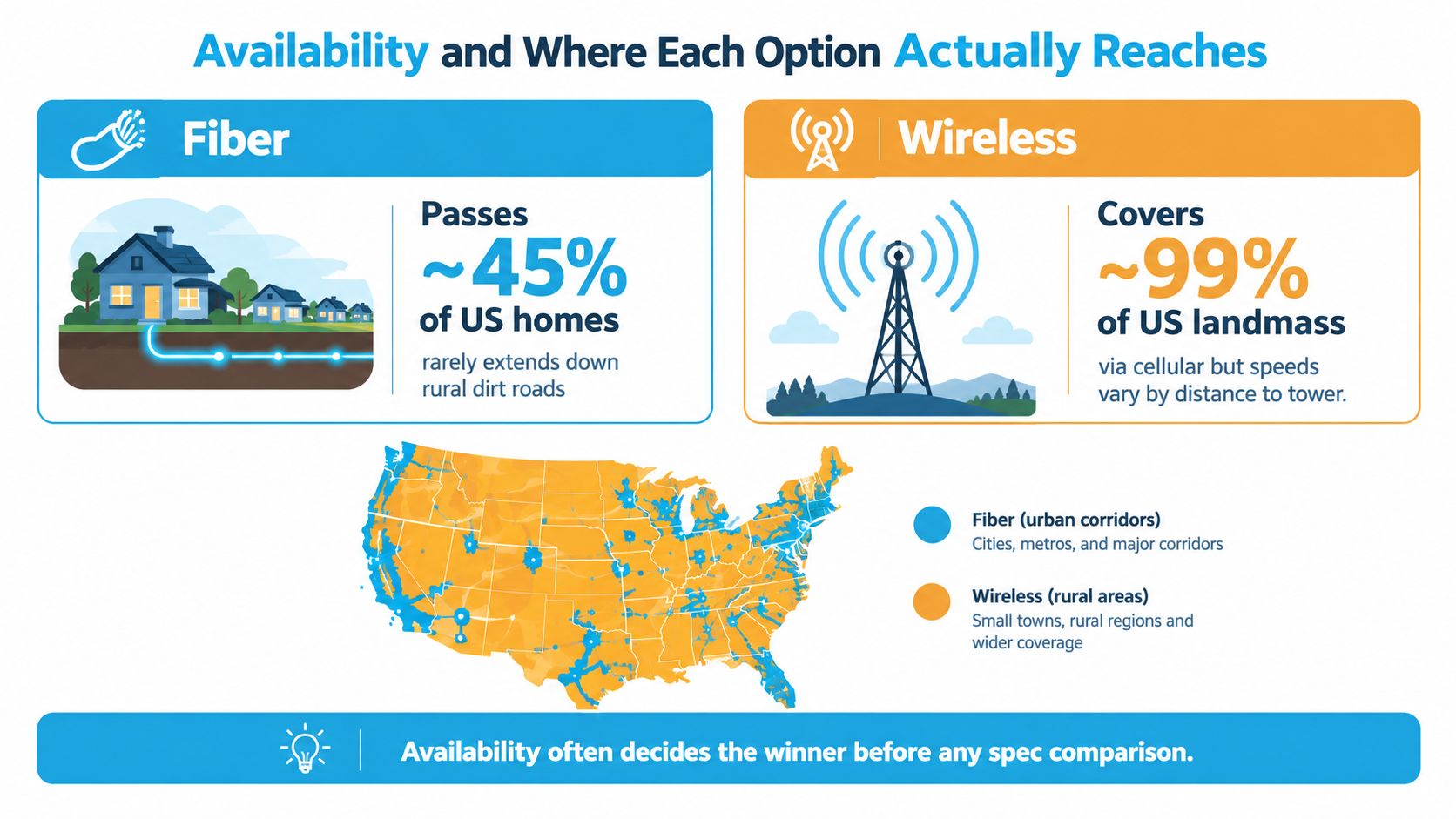 A map comparing the US coverage of fiber internet in urban areas versus wireless internet in rural regions.