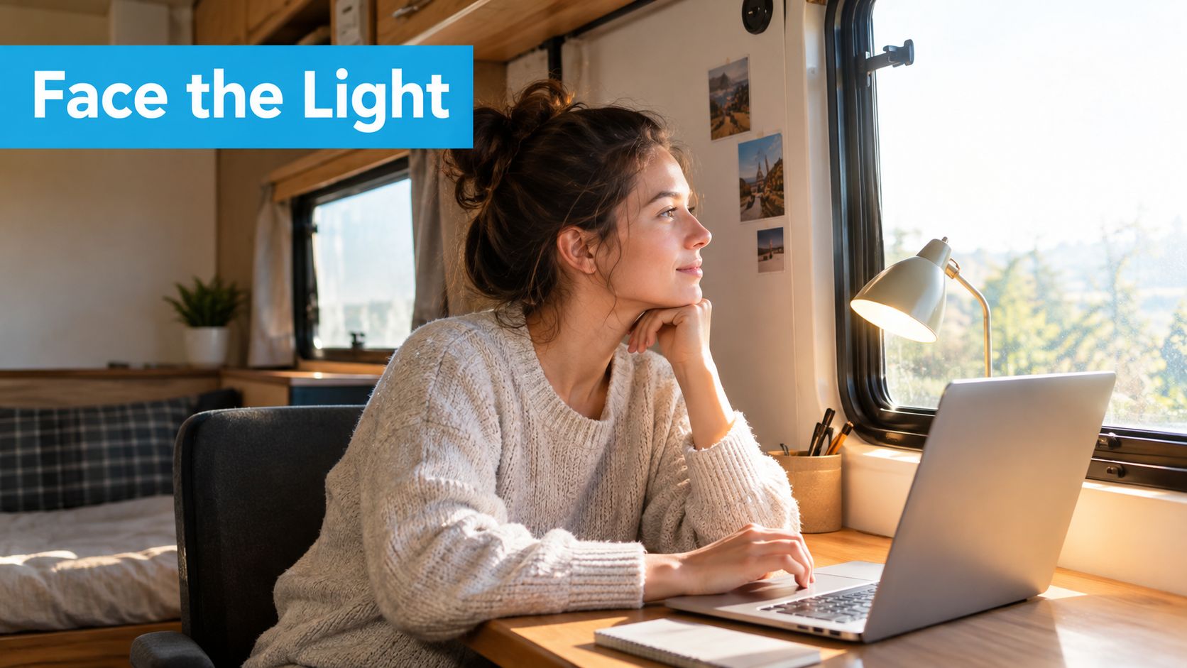 A woman sits at a wooden desk in a camper van working on her laptop while looking outside.