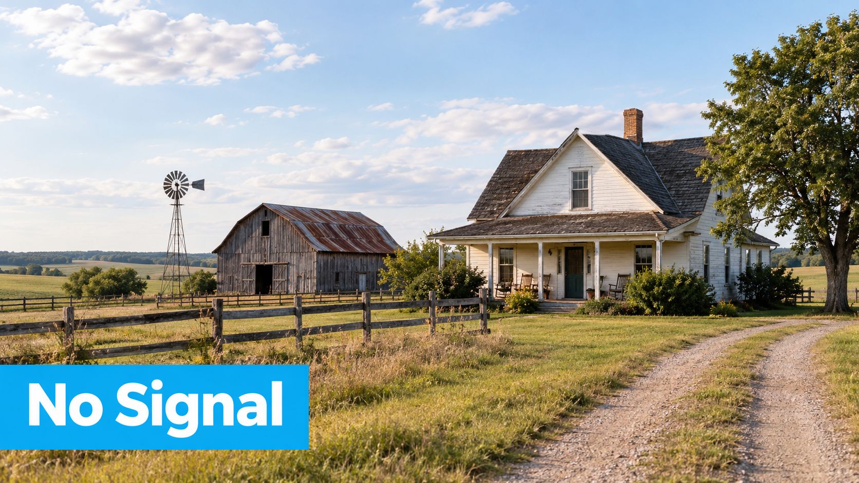 A picturesque white farmhouse with a weathered barn and windmill in a rural grassy landscape.