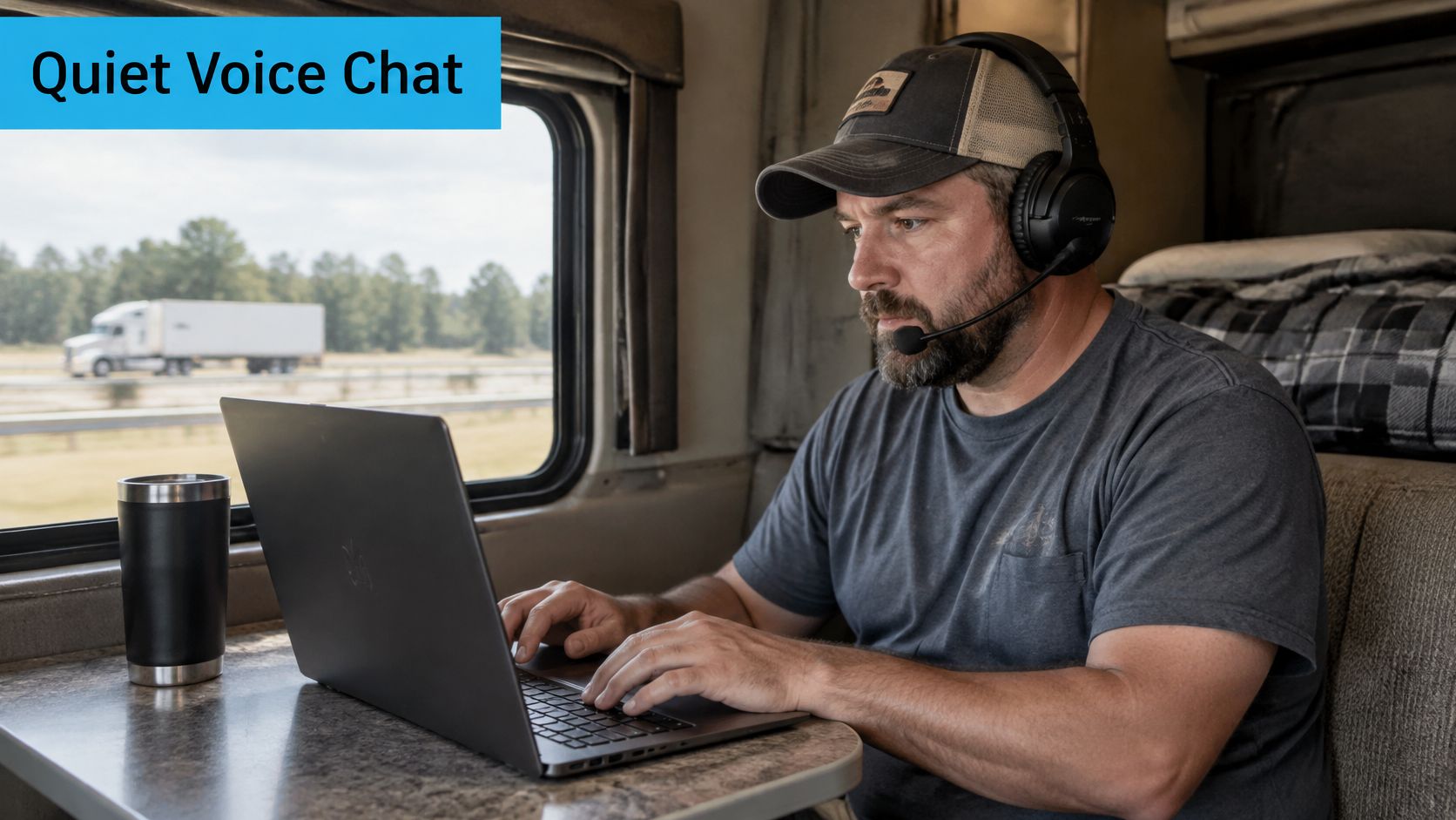 A truck driver wearing a headset using his laptop while parked at a rest stop.