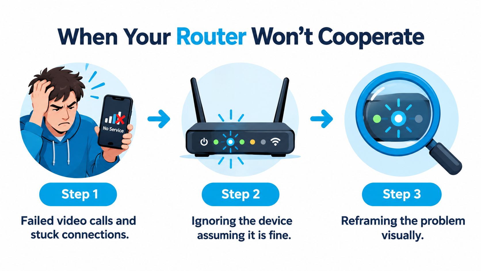 An illustration showing three steps for troubleshooting a router that isn't working properly and has connectivity issues.