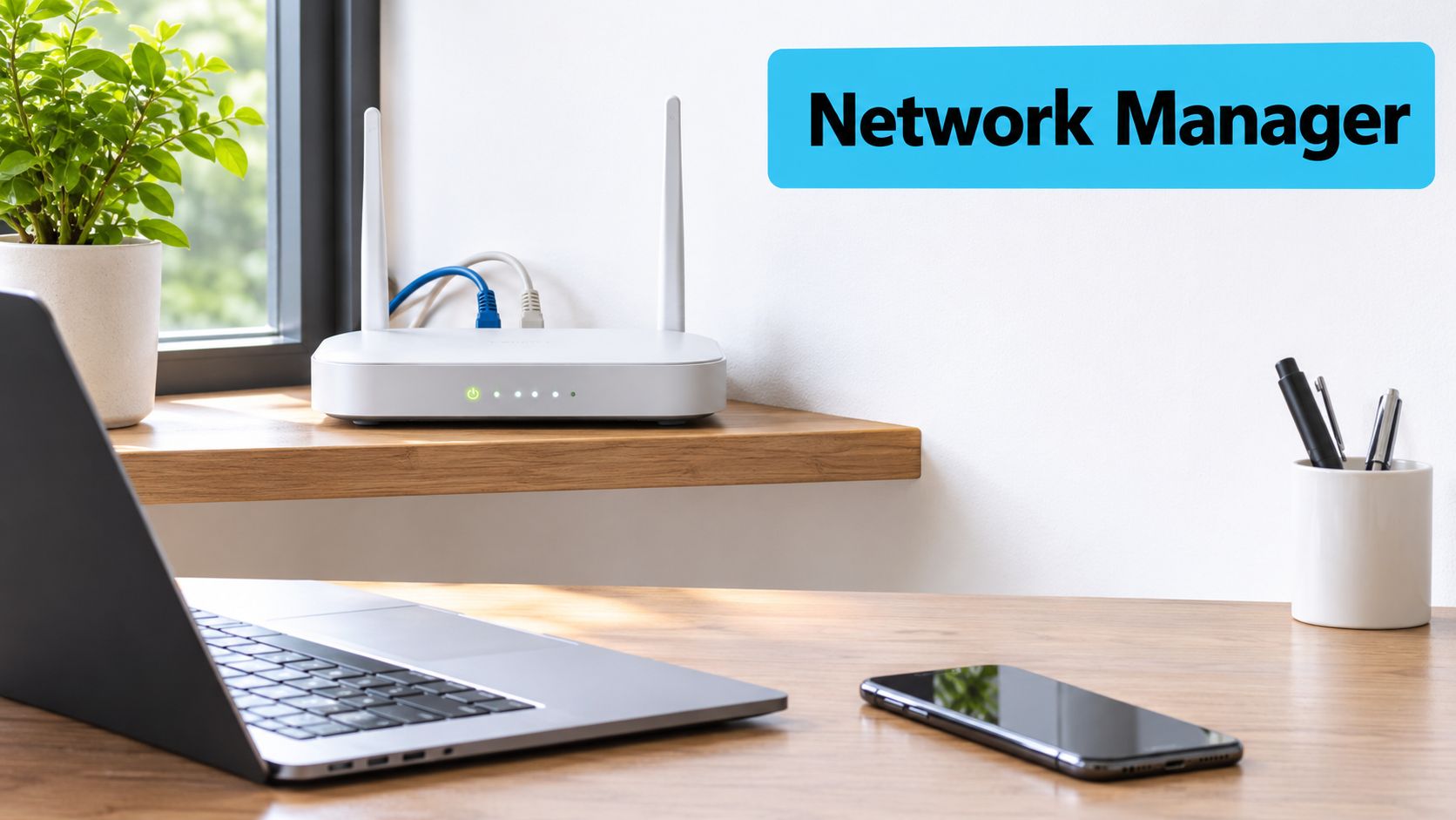 A wireless router sits on a wooden shelf next to a laptop and smartphone on a desk.
