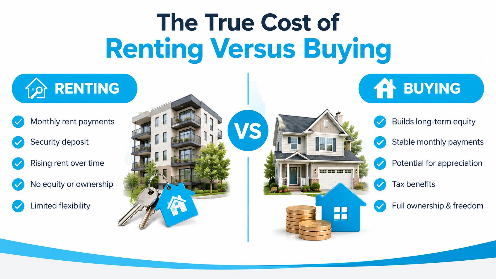 A comparison infographic showing the pros and cons of renting an apartment versus buying a house.