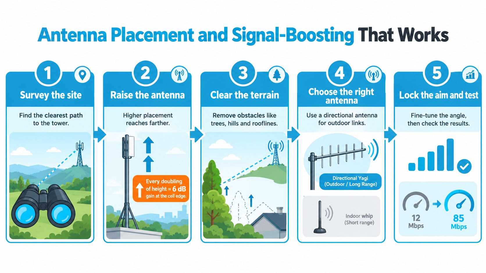An infographic showing five steps for optimal antenna placement and signal boosting for better internet reception.