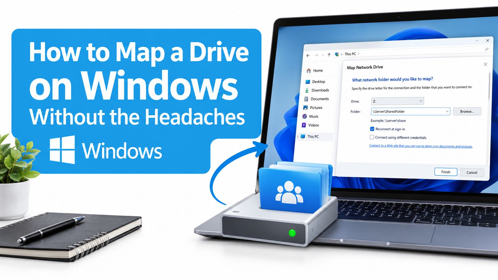A laptop screen displaying the Map Network Drive dialog box on a Windows operating system desktop interface.