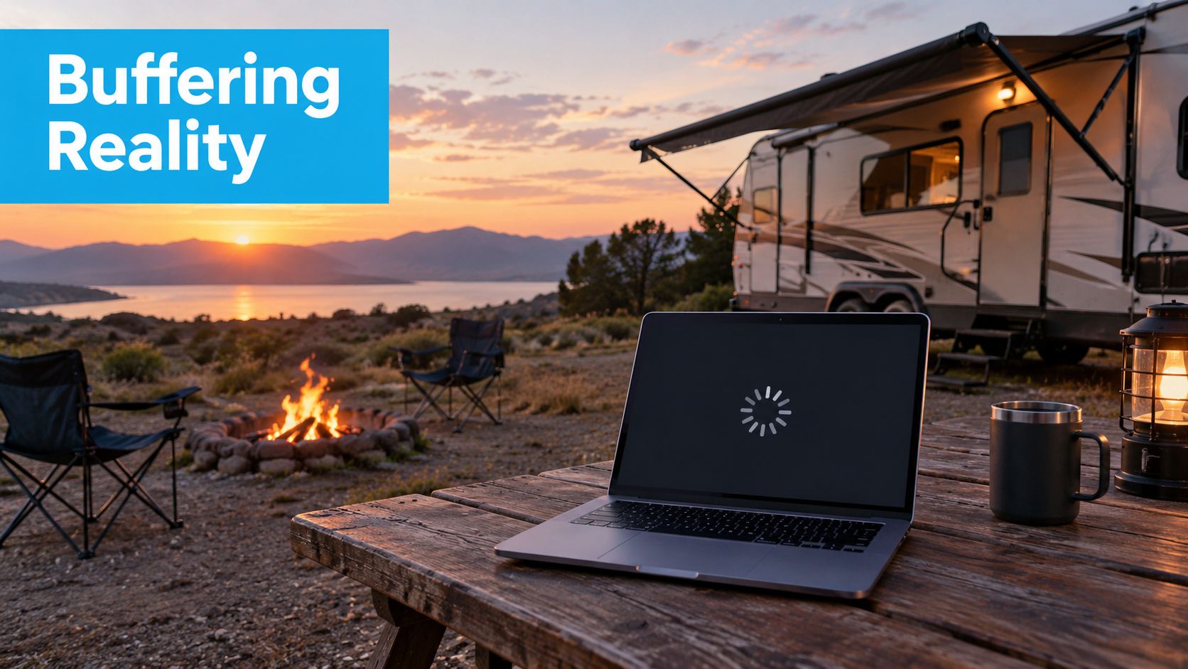 A laptop on a picnic table at a campsite displaying a loading icon during sunset.