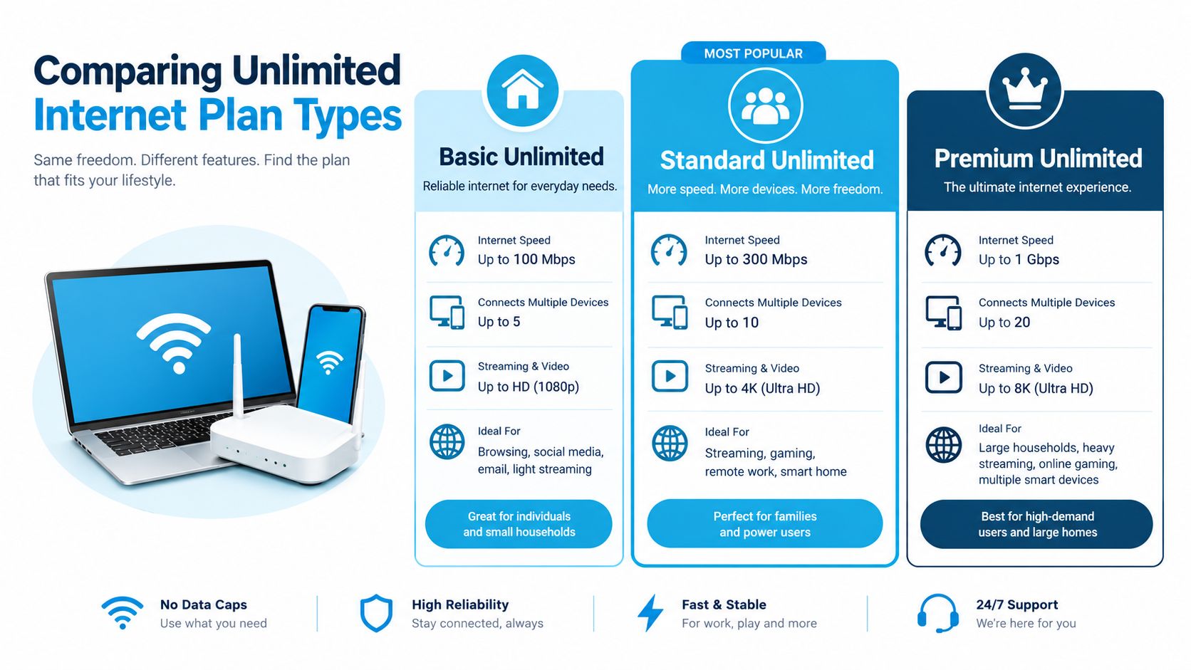 A comparison chart showing three unlimited internet plans: Basic, Standard, and Premium with their key features.