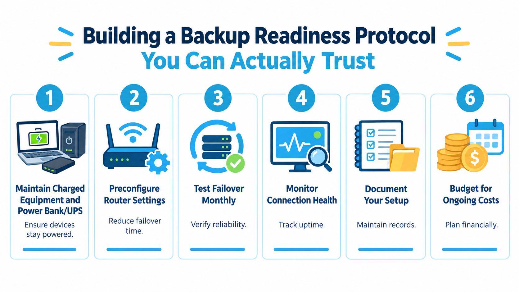 A six-step infographic illustrating a backup readiness protocol for maintaining reliable connectivity and power systems.