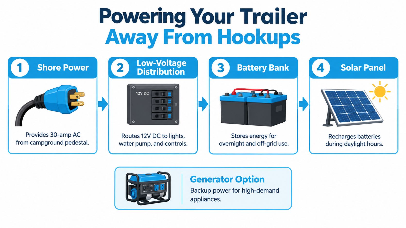 A diagram illustrating power sources for travel trailers including shore power, battery banks, solar panels, and generators.
