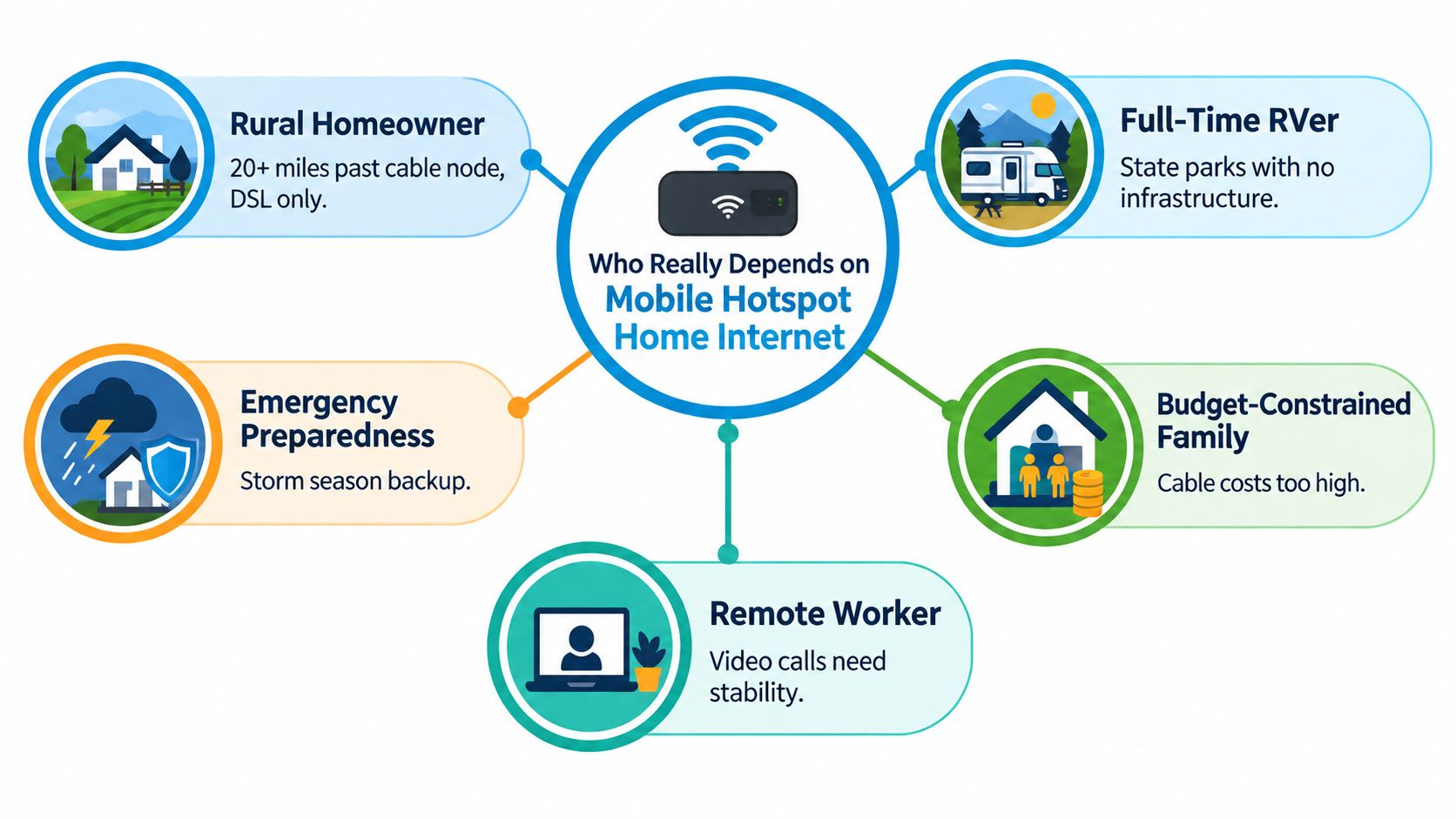An infographic showing different types of people and situations that depend on mobile hotspot home internet.