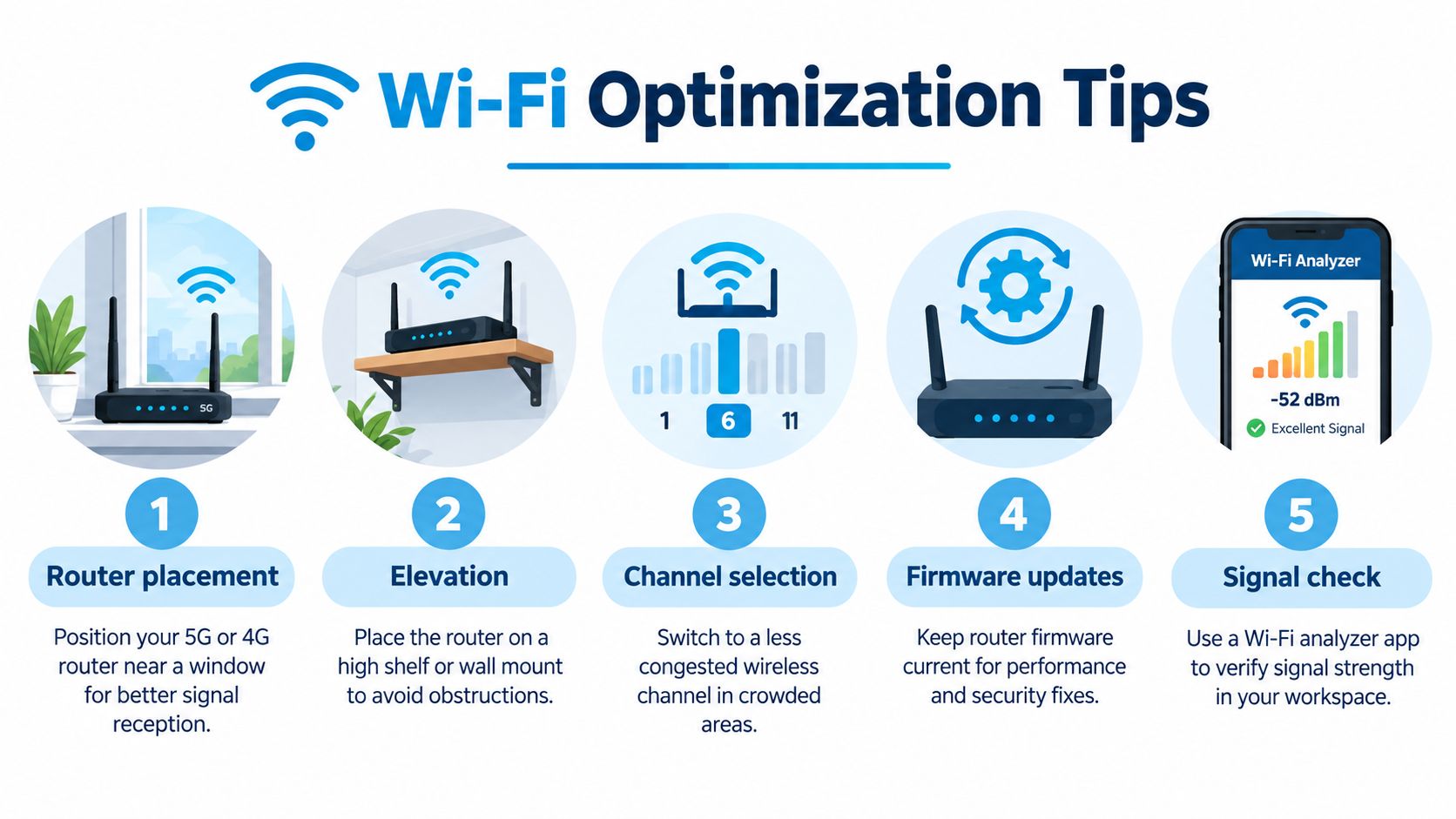 A helpful infographic showing five numbered tips for optimizing your home Wi-Fi and router signal performance.