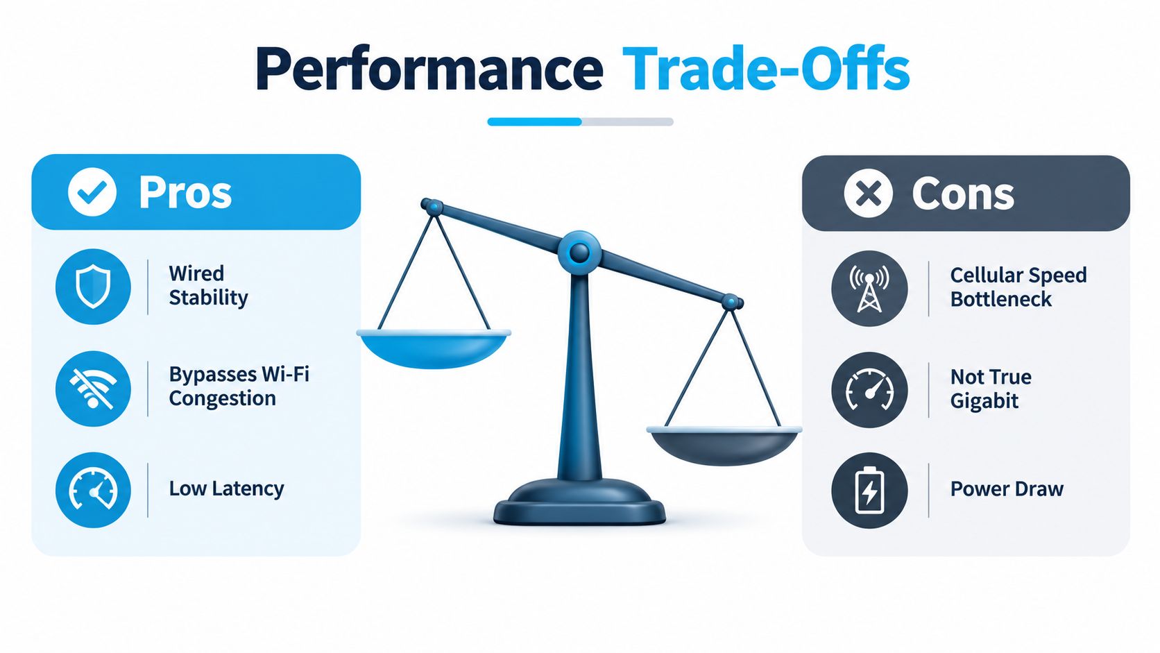 A graphic depicting performance trade-offs for a mobile hotspot with an ethernet port using a balanced scale.
