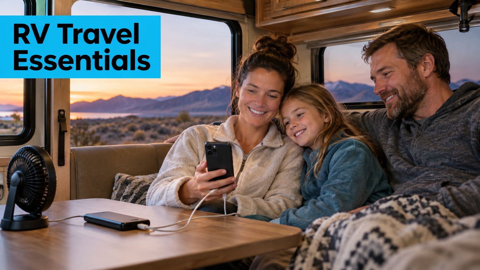 A happy family using a smartphone and portable charger while sitting inside an RV with scenic mountain views.