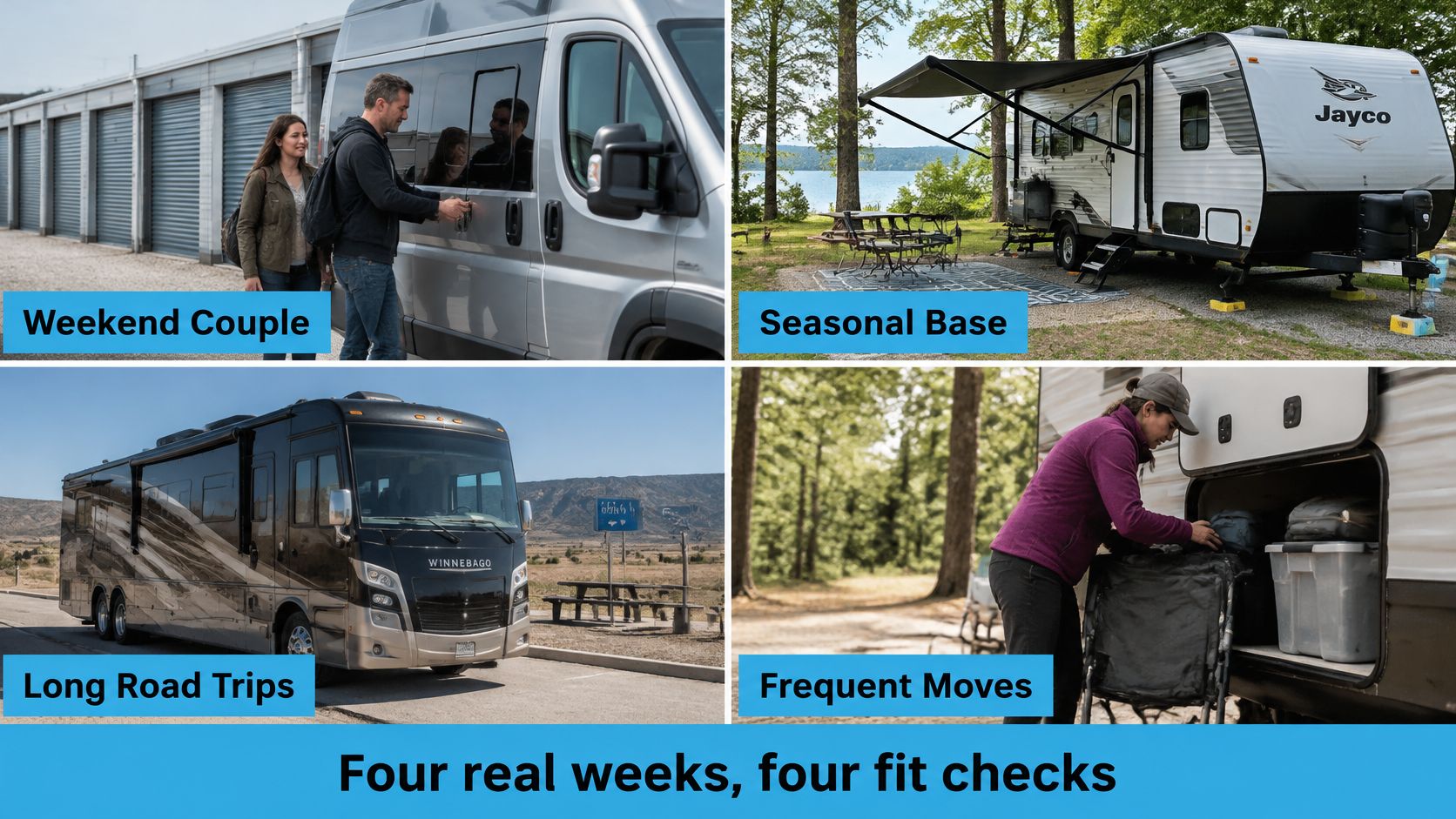 A collage showing different types of recreational vehicles used for diverse travel styles and lifestyles.