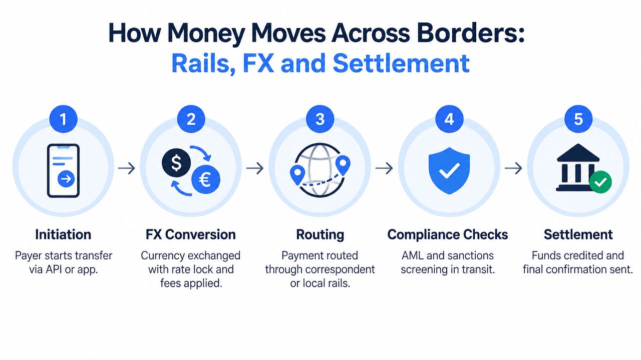 A five-step infographic illustrating how cross-border payments work, from initiation to final settlement.