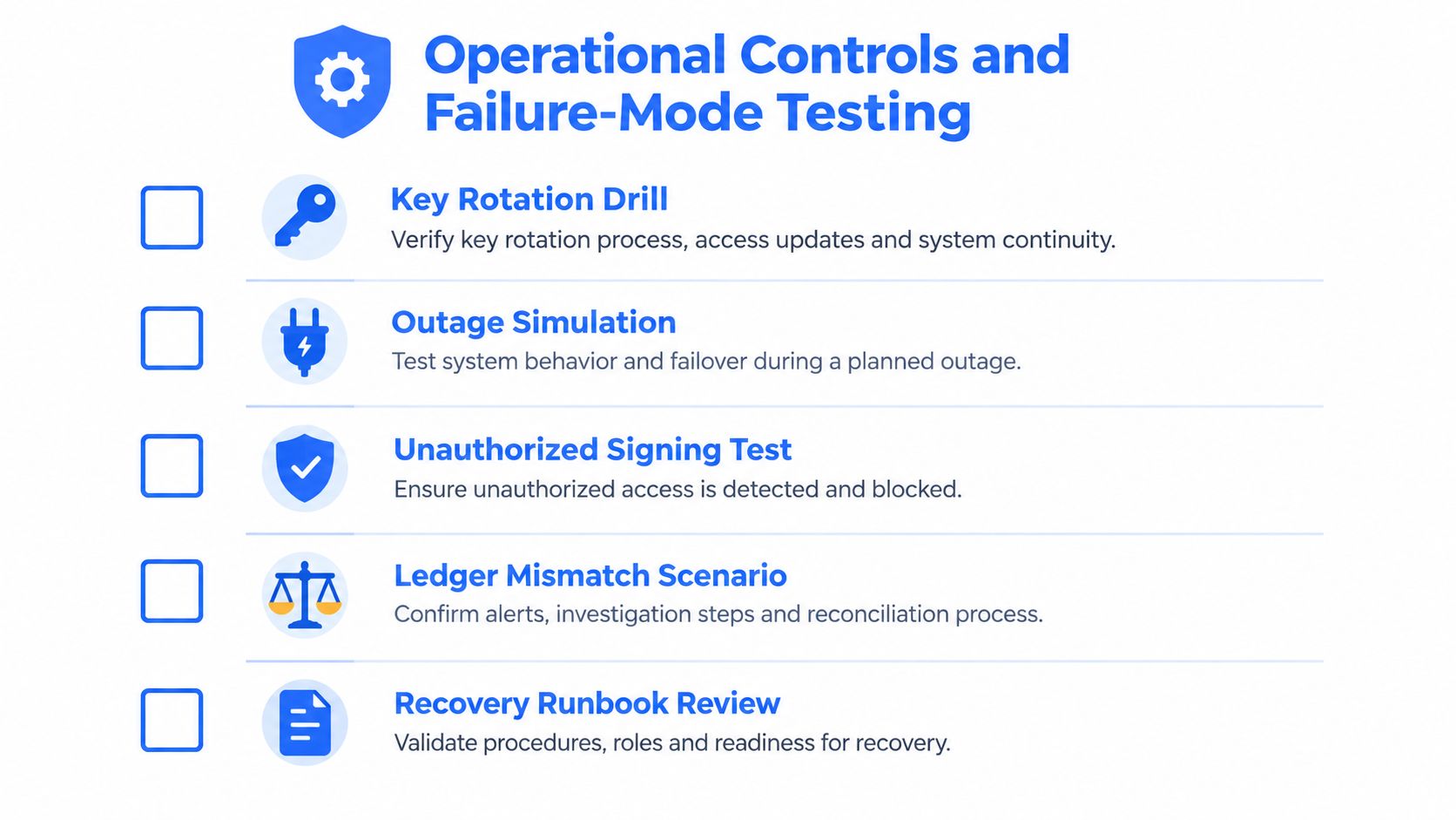 A checklist titled Operational Controls and Failure-Mode Testing outlining five essential cybersecurity and recovery procedures for digital systems.