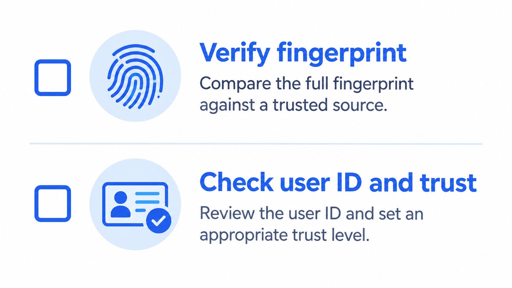 A digital checklist showing steps to verify a fingerprint and check user ID to set trust levels.