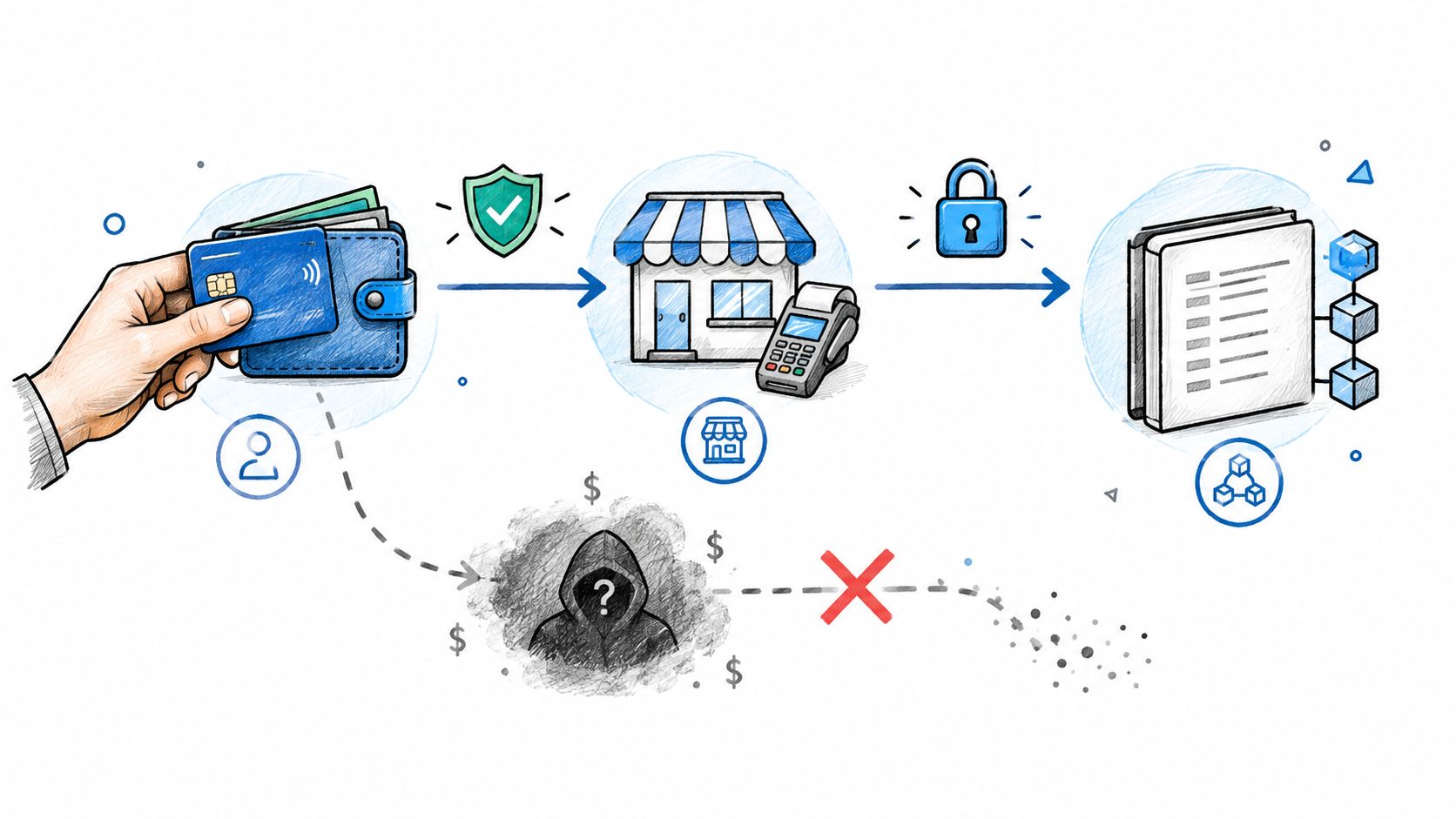 A conceptual illustration showing secure payment processing from a cardholder to a merchant using blockchain technology.