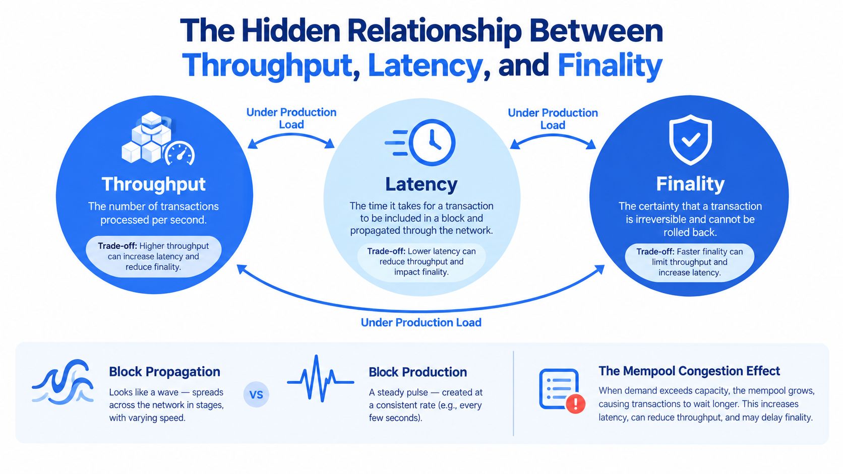 A diagram illustrating the interconnected trade-offs between blockchain throughput, latency, and finality under network production load.