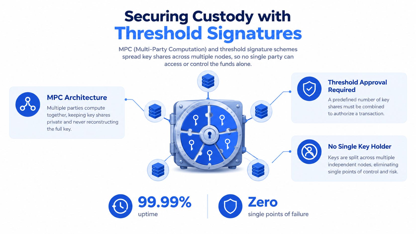 A diagram illustrating how MPC and threshold signature schemes protect digital asset custody by splitting security keys.