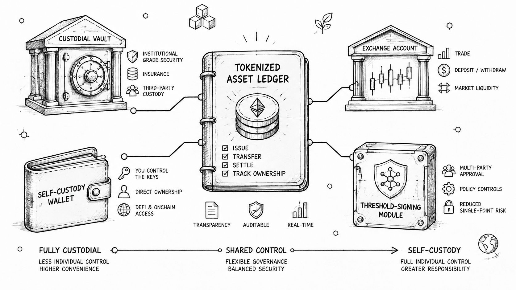 A diagram illustrating different ways to manage tokenized assets, from custodial vaults to self-custody wallets.