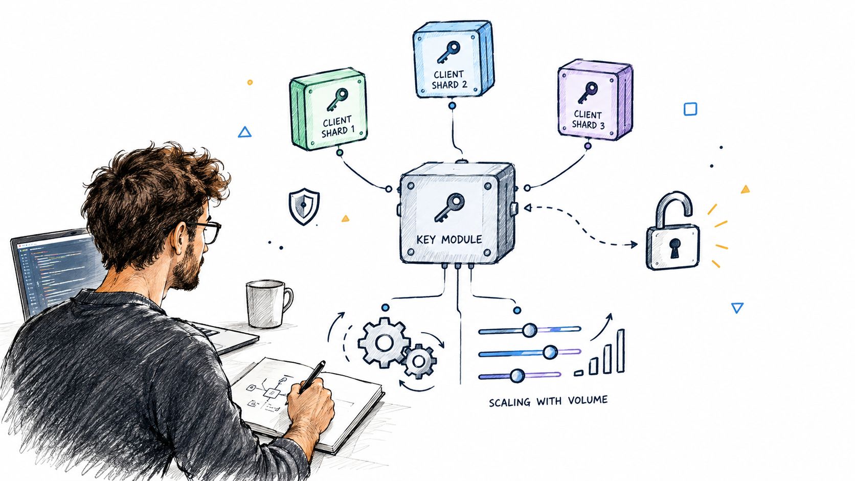 A digital illustration showing a developer sketching a diagram about key module architecture and data scaling.
