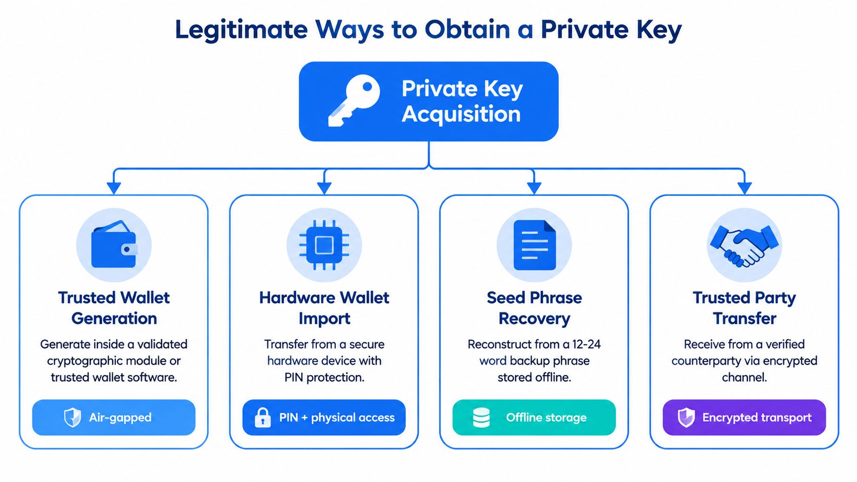 An infographic showing four legitimate and secure ways to acquire a cryptocurrency private key safely.