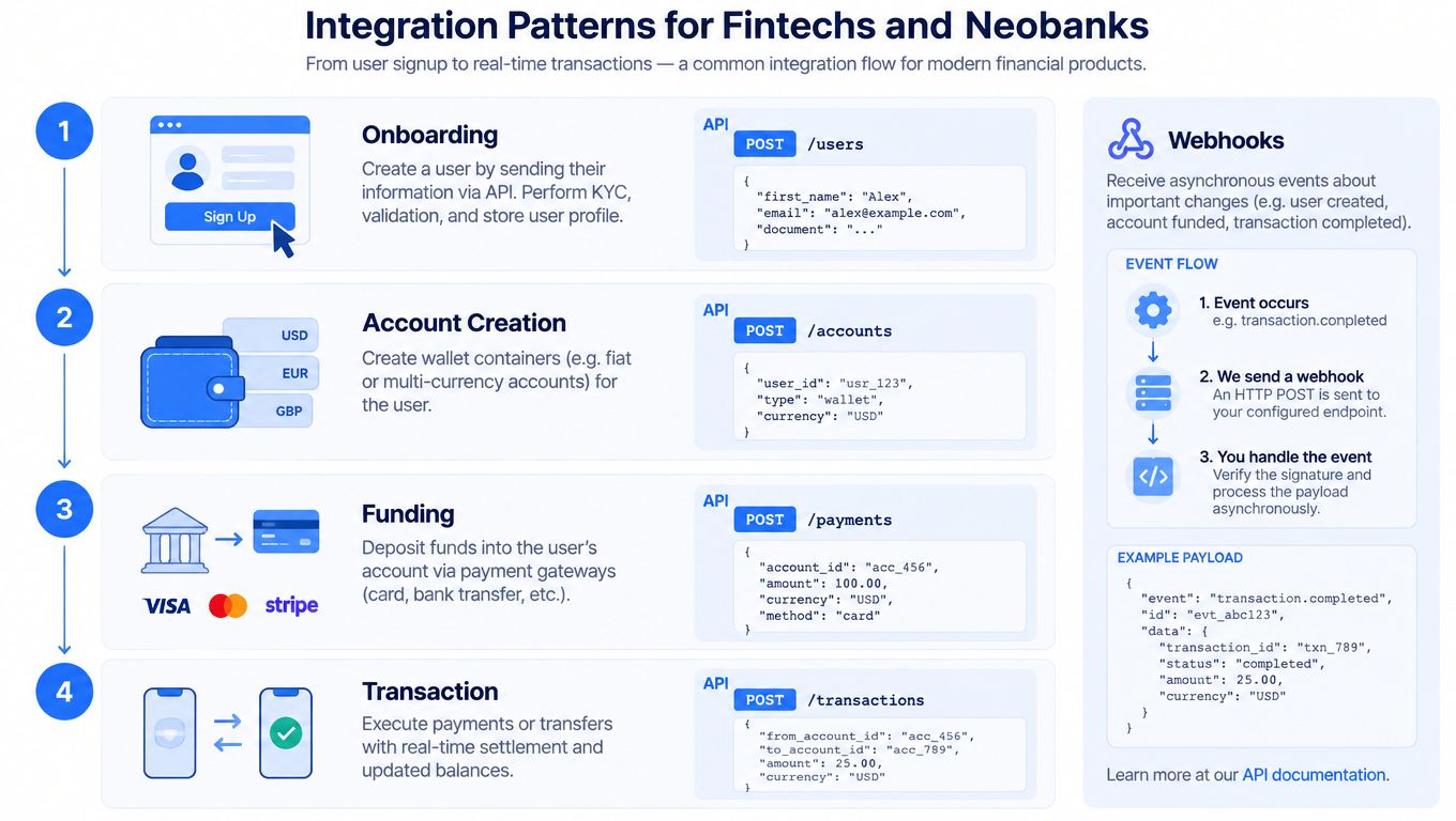 A diagram illustrating the four-step integration process for modern fintech and neobank digital banking platforms.
