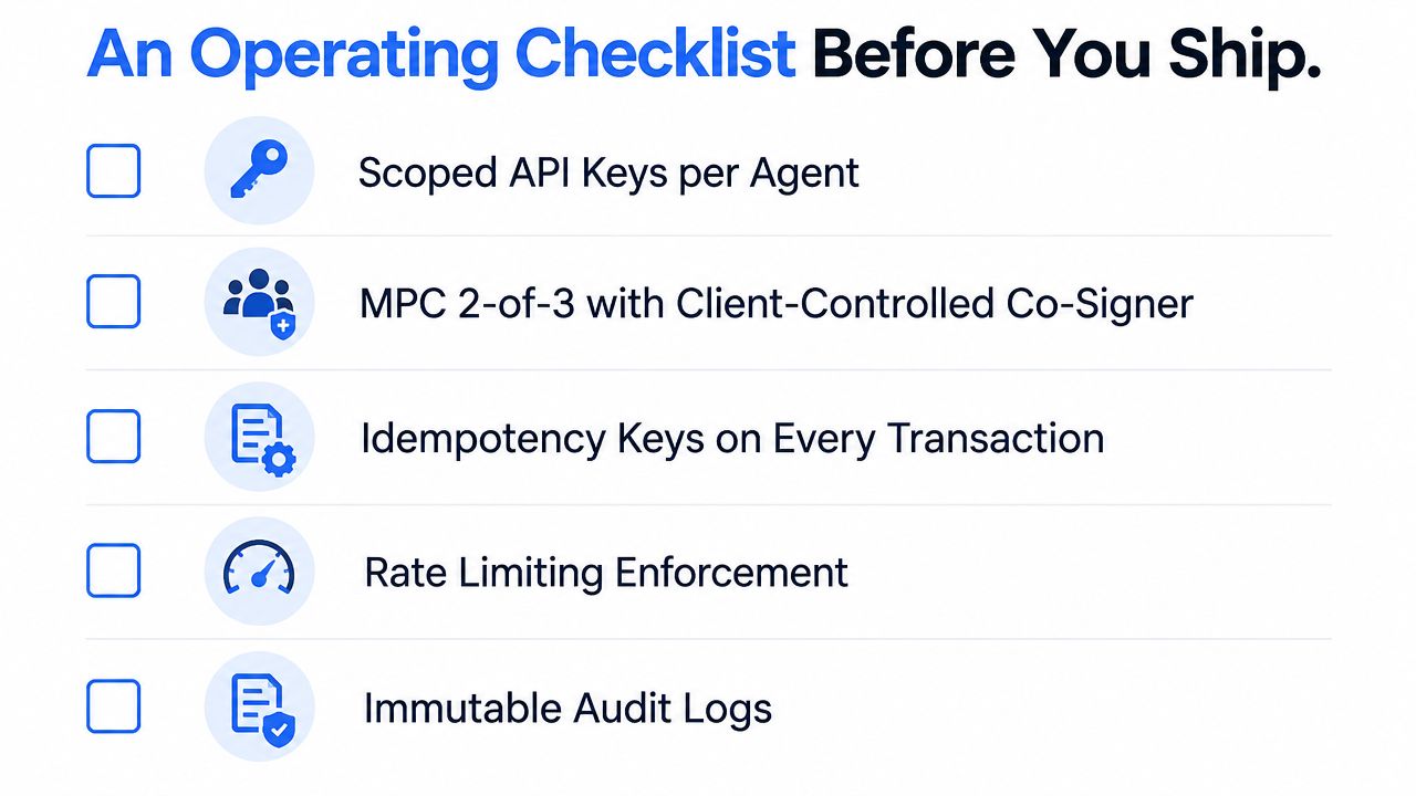 A checklist for AI agent operations listing security and reliability best practices before shipping a product.